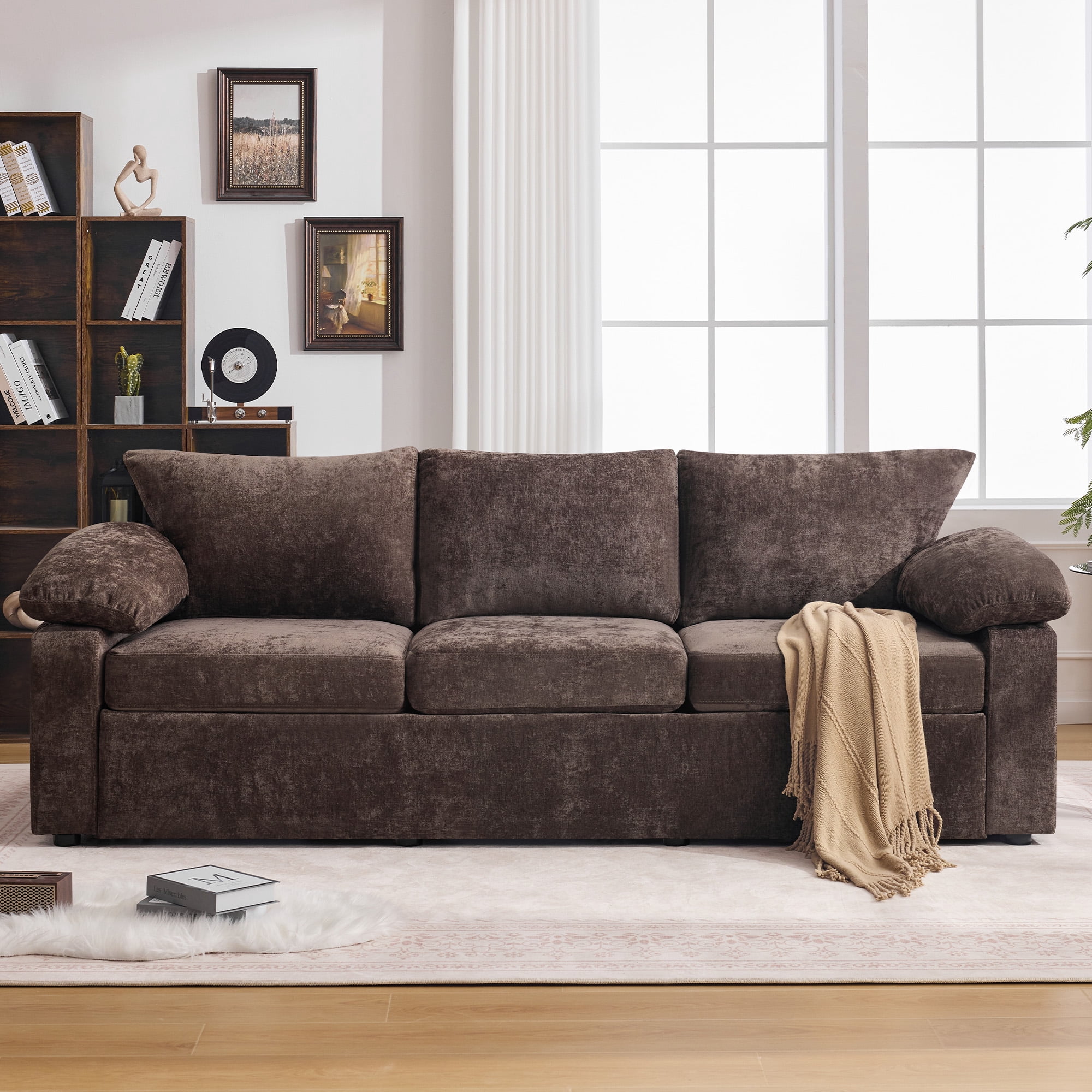 HASLE Oversized 3 Seat Living Room Sofa, 95" Soft Chenille Deep Seat Couch with Armrest, Hidden Support Legs, Stylish Sofa, Brown