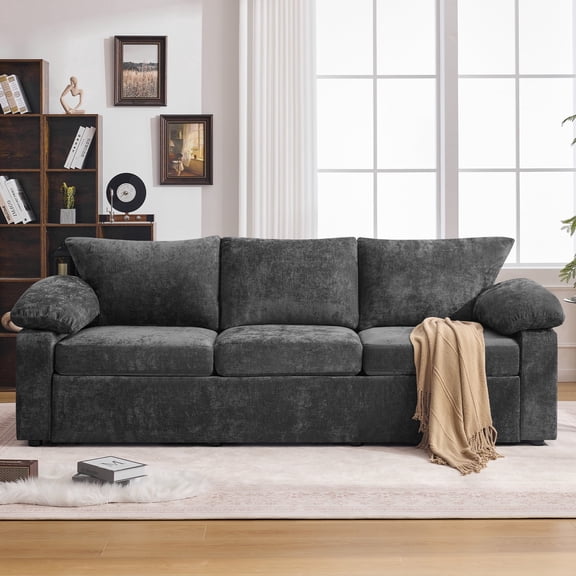 HASLE Oversized 3 Seat Living Room Sofa, 95" Soft Chenille Deep Seat Couch with Armrest, Hidden Support Legs, Stylish Sofa, Dark Grey