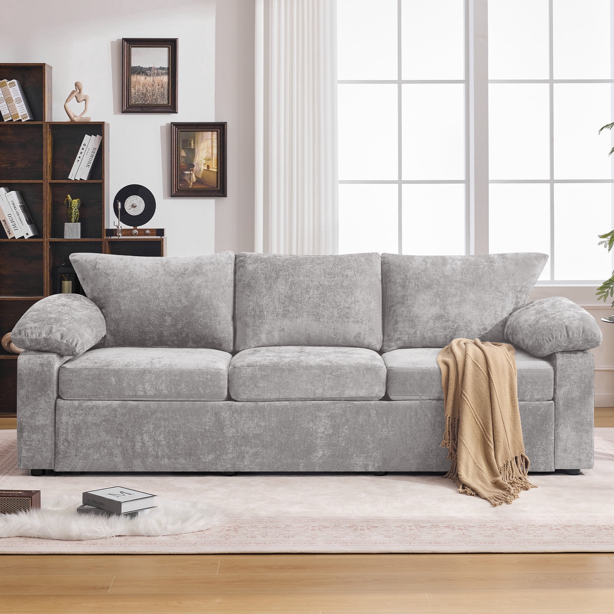 HASLE Oversized 3 Seat Living Room Sofa, 95" Soft Chenille Deep Seat Couch with Armrest, Hidden Support Legs, Stylish Sofa, Light Grey