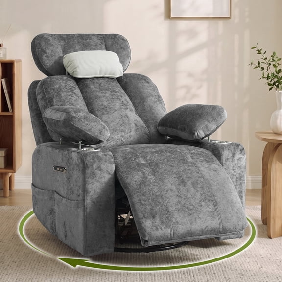 HASLE Power Swivel Recliner Chair, 360° Rocking Nursery Chair with USB Charging, Cup Holders & Chenille Fabric