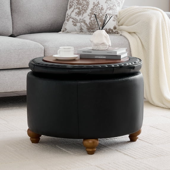 HASLE Round Ottoman with Storage, 24'' Modern Tufted Storage Ottoman with Removable Top for Living Room, Bedroom, Black