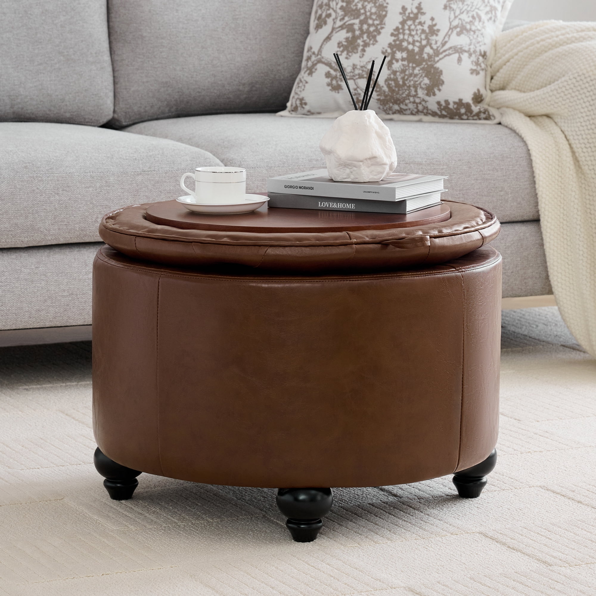HASLE Round Ottoman with Storage, 24'' Modern Tufted Storage Ottoman with Removable Top for Living Room, Bedroom, Dark Brown