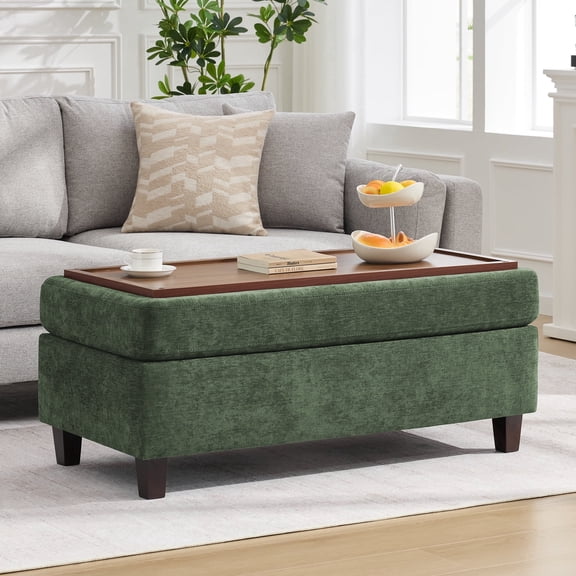HASLE Storage Ottoman Bench with Wooden Tray, Upholstered Ottoman Coffee Table with Hidden Storage for Living Room Bedroom, Green