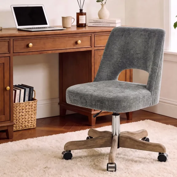 HASLE Swivel Office Desk Chair, Armless Adjustable Height Fabric Chair with Wheels, Farmhouse Small Mid Back No Arms Rolling Vanity Chair with Wood-Look Base for Home Office and Bedroom,Grey