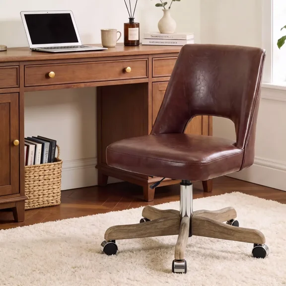 HASLE Swivel Office Desk Chair, Armless Adjustable Height Faux Leather Chair,Farmhouse Small Mid Back No Arms Rolling Vanity Chair with Wood-Look Base for Home Office and Bedroom,Brown