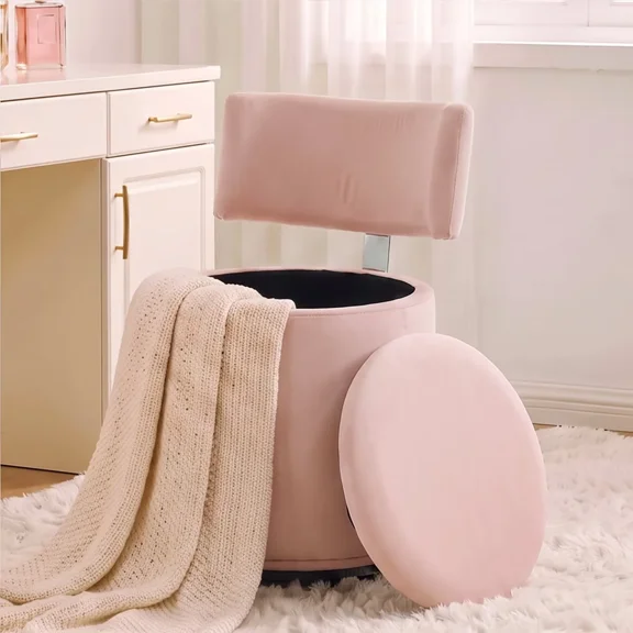 HASLE Swivel Vanity Chair with Storage, Velvet Makeup Stool with Higher Back for Living Room, Bedroom, Dressing, Pink