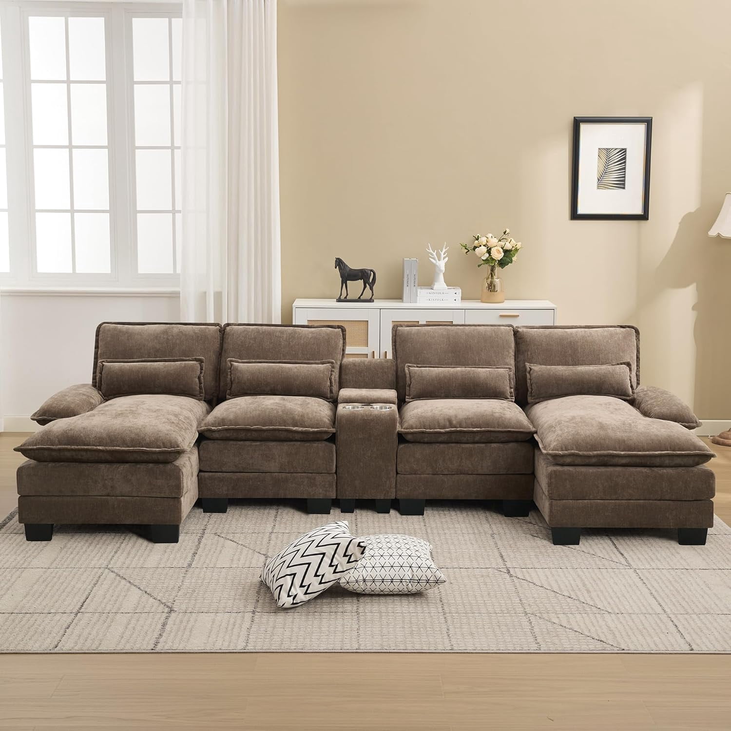 HASLE U Shaped Modular Sectional Sofa with Chaise Lounges, Chenille Upholstered Comfy Couch with Storage Console, USB Charging Ports & Cup Holders, Modern Deep Seat Sofa for Living Room, Brown