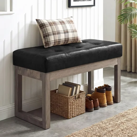 HASLE Upholstered Ottoman Bench 27" End of Bed Entryway Shoe Stool, Black | Tufted Padded Bench, Durable Faux Leather, Sturdy Wood Frame, Thickened Cushion, Spacious Size, Quick Assembly, 7 Colors