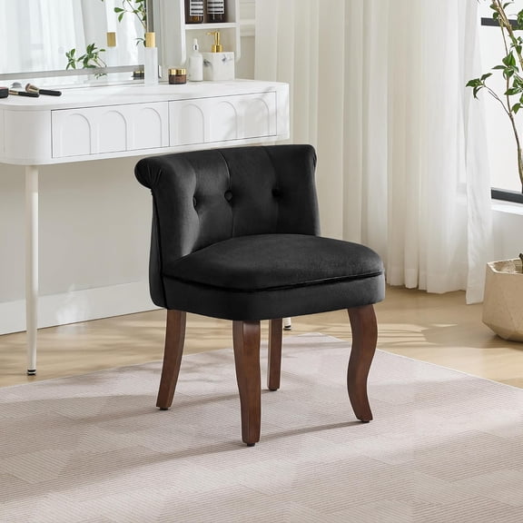 HASLE Velvet Vanity Chair with Back, Tufted Upholstered Vanity Stool with Solid Wood Legs, Mid Century Small Makeup Chair for Vanity, Accent Chair for Bedroom, Living Room, Black