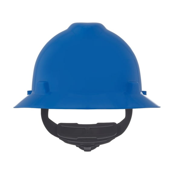 MSA 475368 V-Gard Full-Brim Hard Hat With Fas-Trac III Ratchet Suspension | Polyethylene Shell, Superior Impact Protection, Self Adjusting Crown Straps - Standard Size in Blue