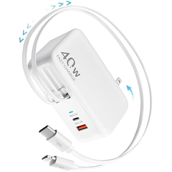 HATALKIN 4-in-1 Retractable Wall Charger with Dual USB Ports and 90cm Lightening and Type-C Cables, 40W Fast Charging Foldable Block Compatible with ipad,iPhone 16/15, airpods,Galaxy, Pixel, and More