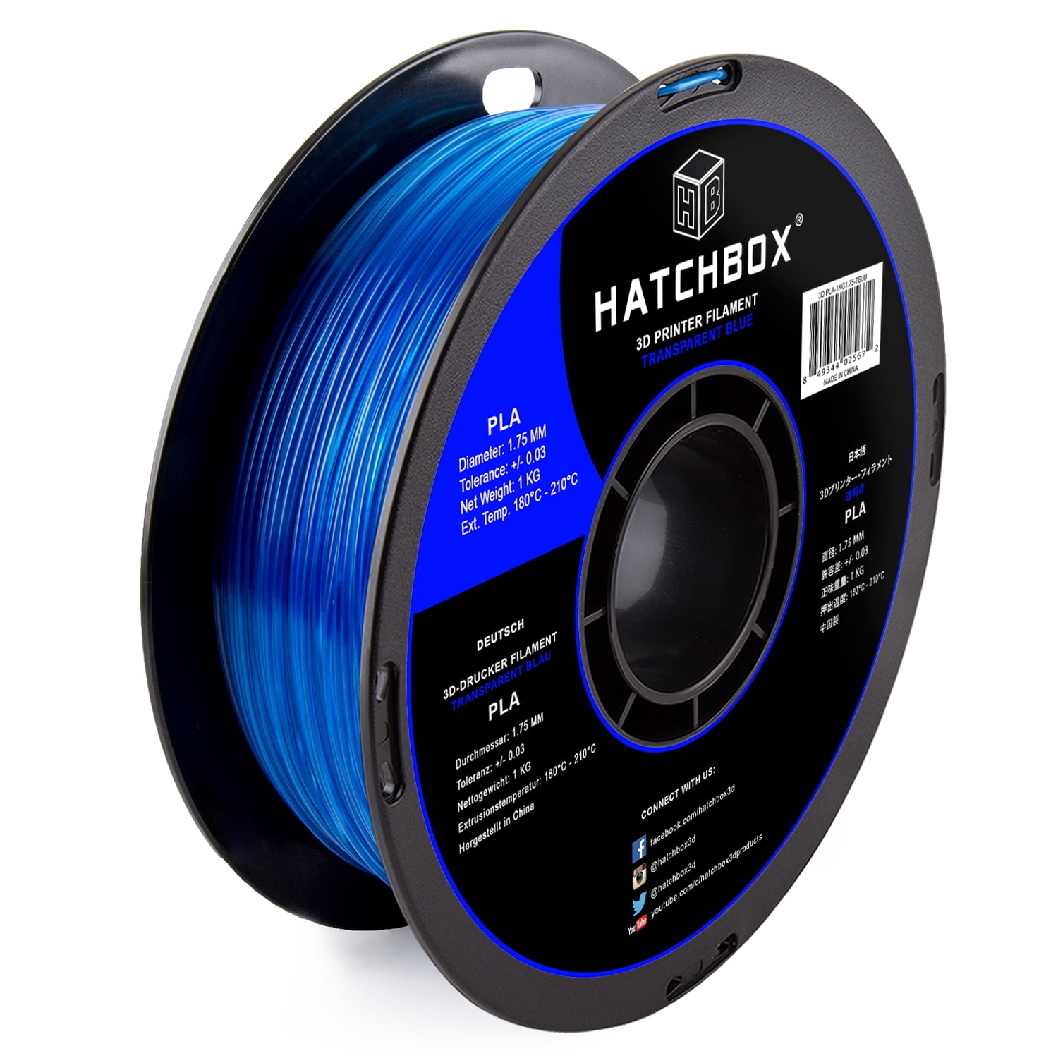 HATCHBOX 3D PLA-1KG1.75-TBLU PLA 3D Printer Filament, Dimensional Accuracy +/- 0.05 mm, 1 kg Spool, 1.75 mm, Transparent Blue