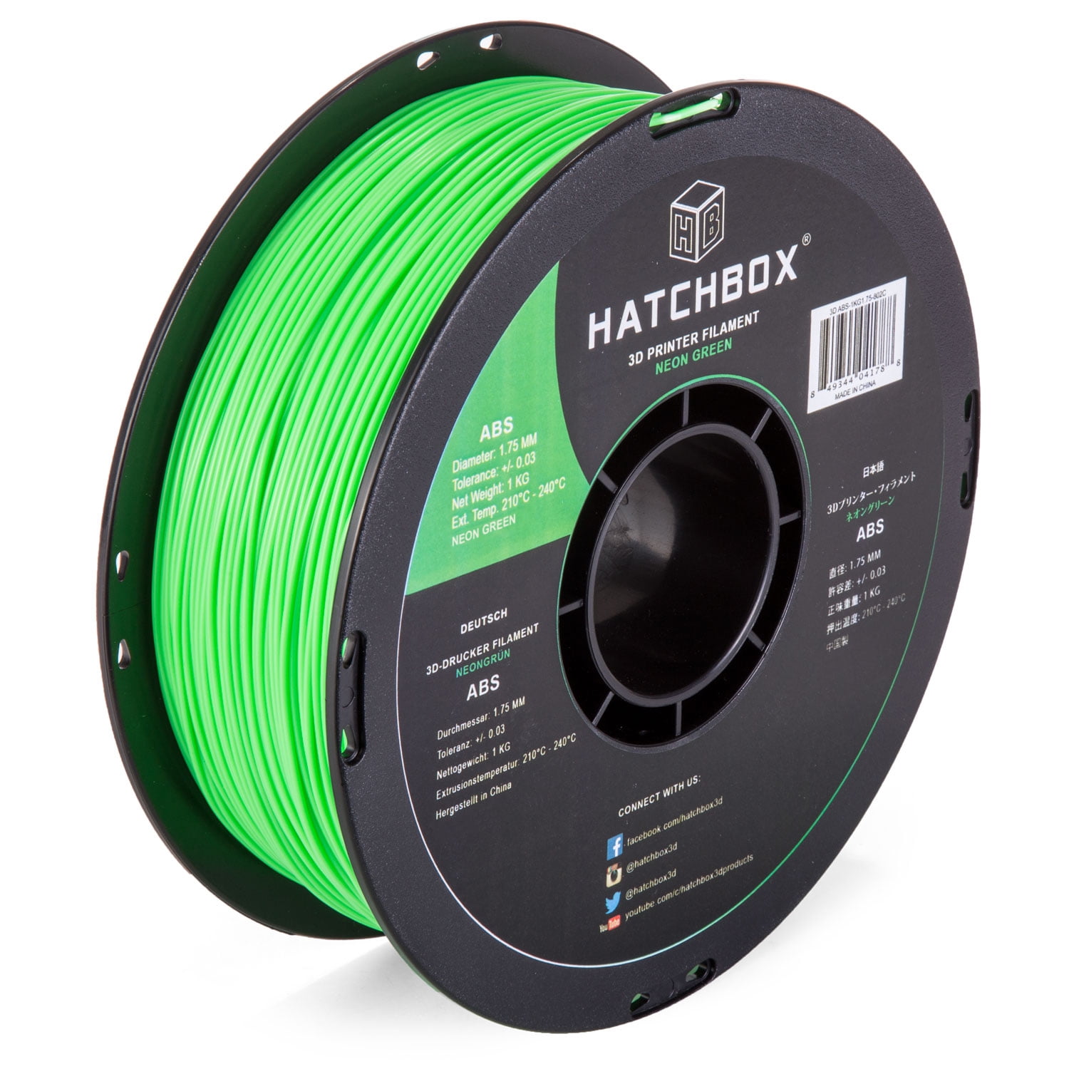 HATCHBOX ABS 1.75 mm 3D Printer Filament in Neon Green, 1kg Spool ...