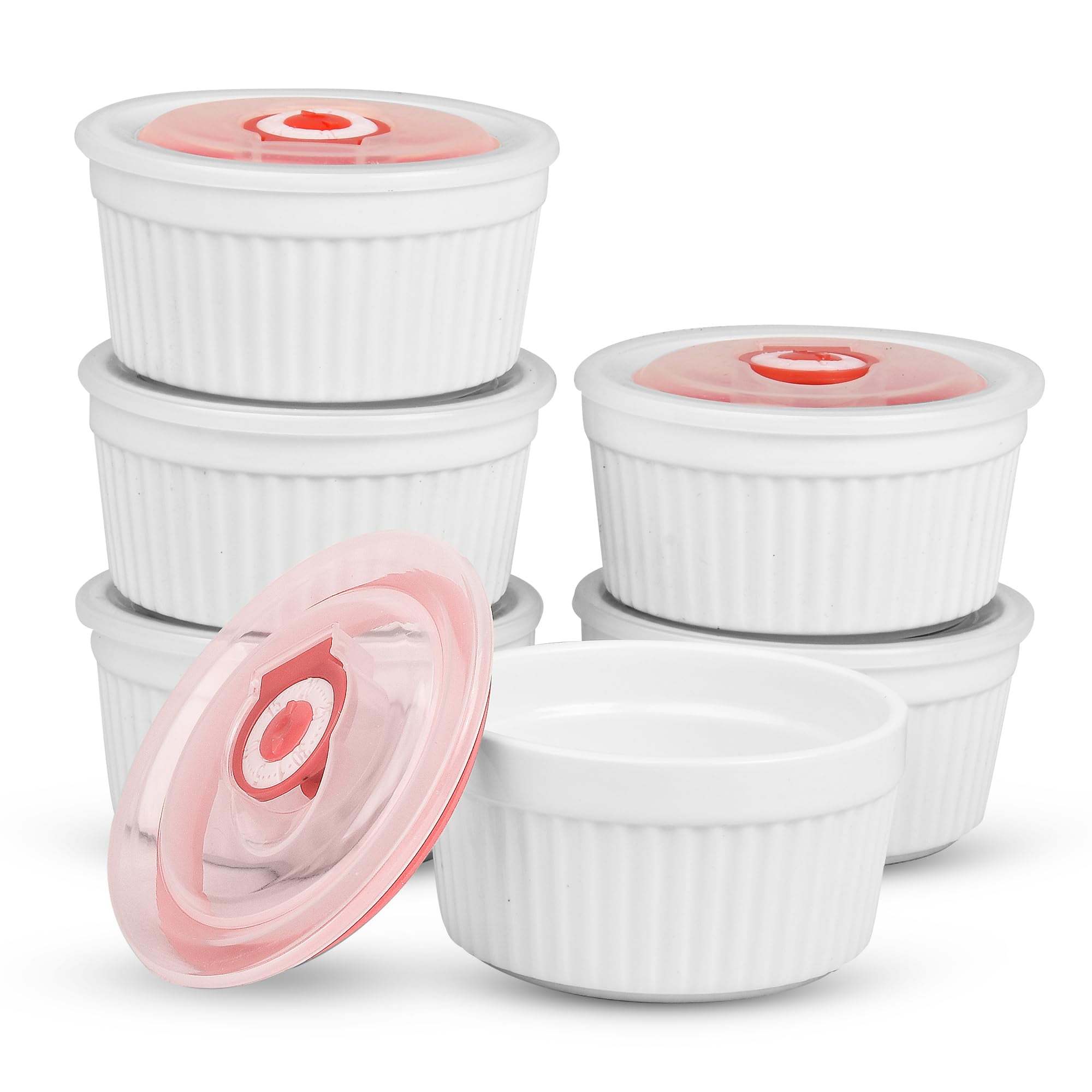HATHMZ Ramekins with Lids, Pack of 6, 8oz White Porcelain Creme Brulee Ramekins & Souffle