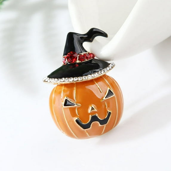 HATISS 2PCS Vintage Enamel Crystal Pumpkin Hat Brooch Pin Halloween Lapel Pin Jewelry Gift