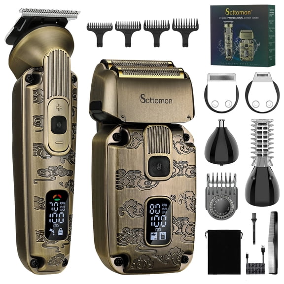 HATTEKER 4-in-1Hair Trimmer & Foil Shaver T-Blade Trimmer Grooming Kit for Men Beard Trimmer Nose & Body Trimmr LED Display Wet & Dry