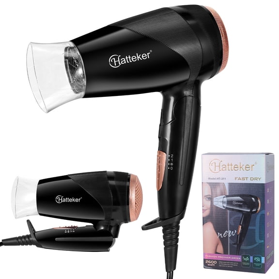 HATTEKER Portable Hair Dryer with Ion Technology Foldable, 3 Temperature Settings, Fast & Gentle