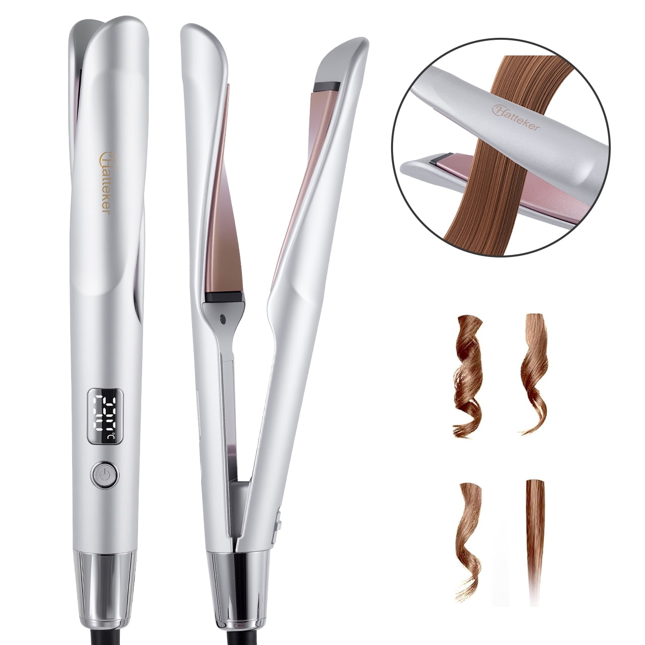 HATTEKER Professional 2-in-1 Curling & Straightening Iron - Hair Straightener - Curling Iron - 11 Temperature Settings - Auto Shut-off - Silver