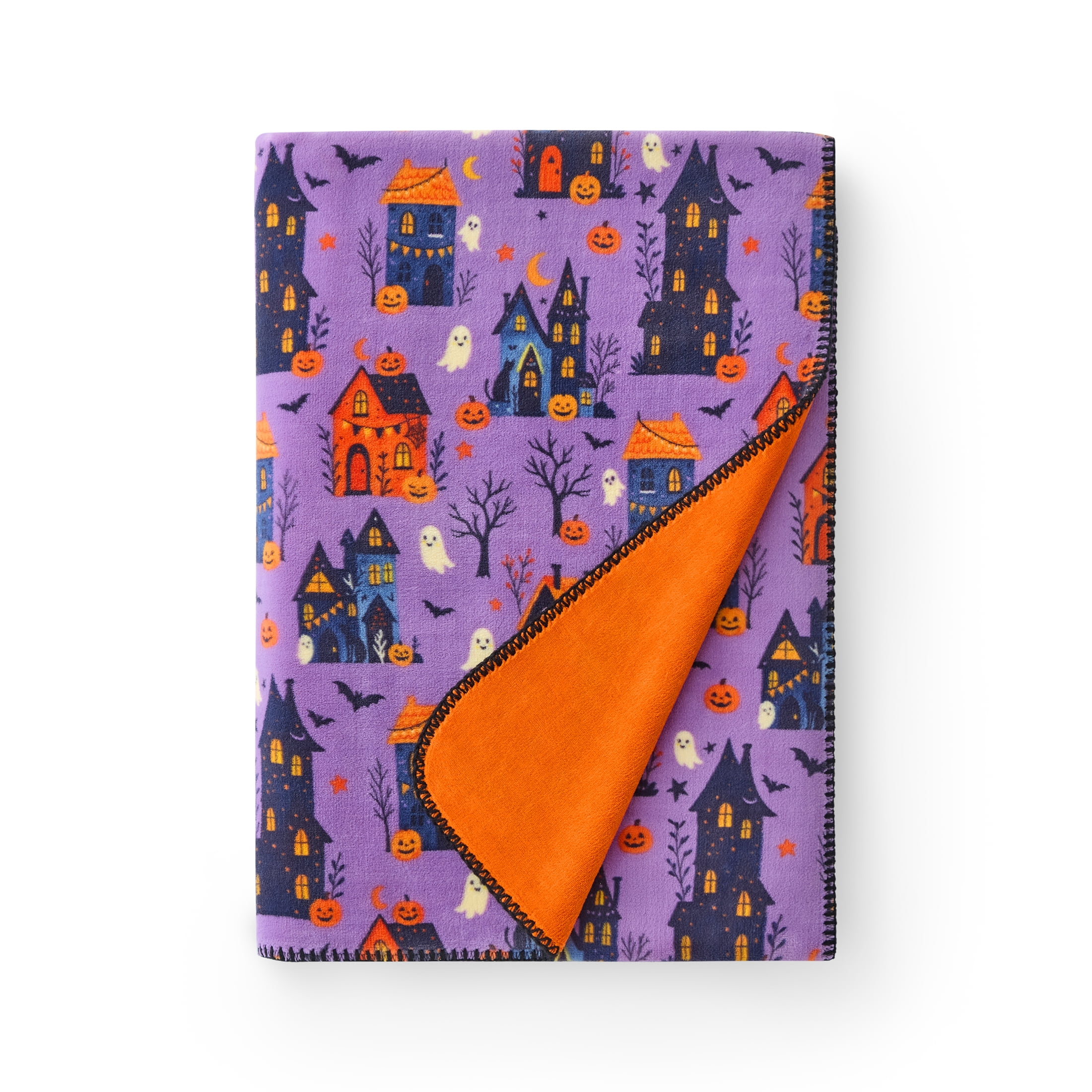 Boo-tique Halloween Reversible Oversized Couch Throw Blanket, Haunted Houses, Purple, 50 x 72 in