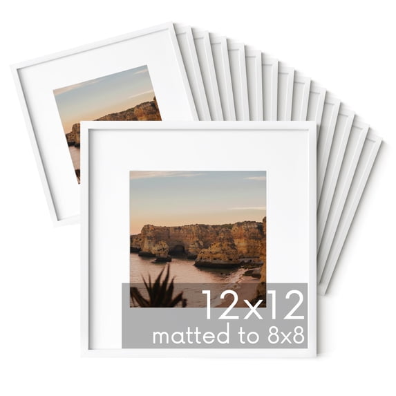 HAUS AND HUES 12x12 White Metal Picture Frames Matted to 8x8 - Features Premium Aluminum & Hanging Hardware, Shatterproof Plexiglass - Ideal for Home, Room, Office (12x12 in, White, Set of 15)
