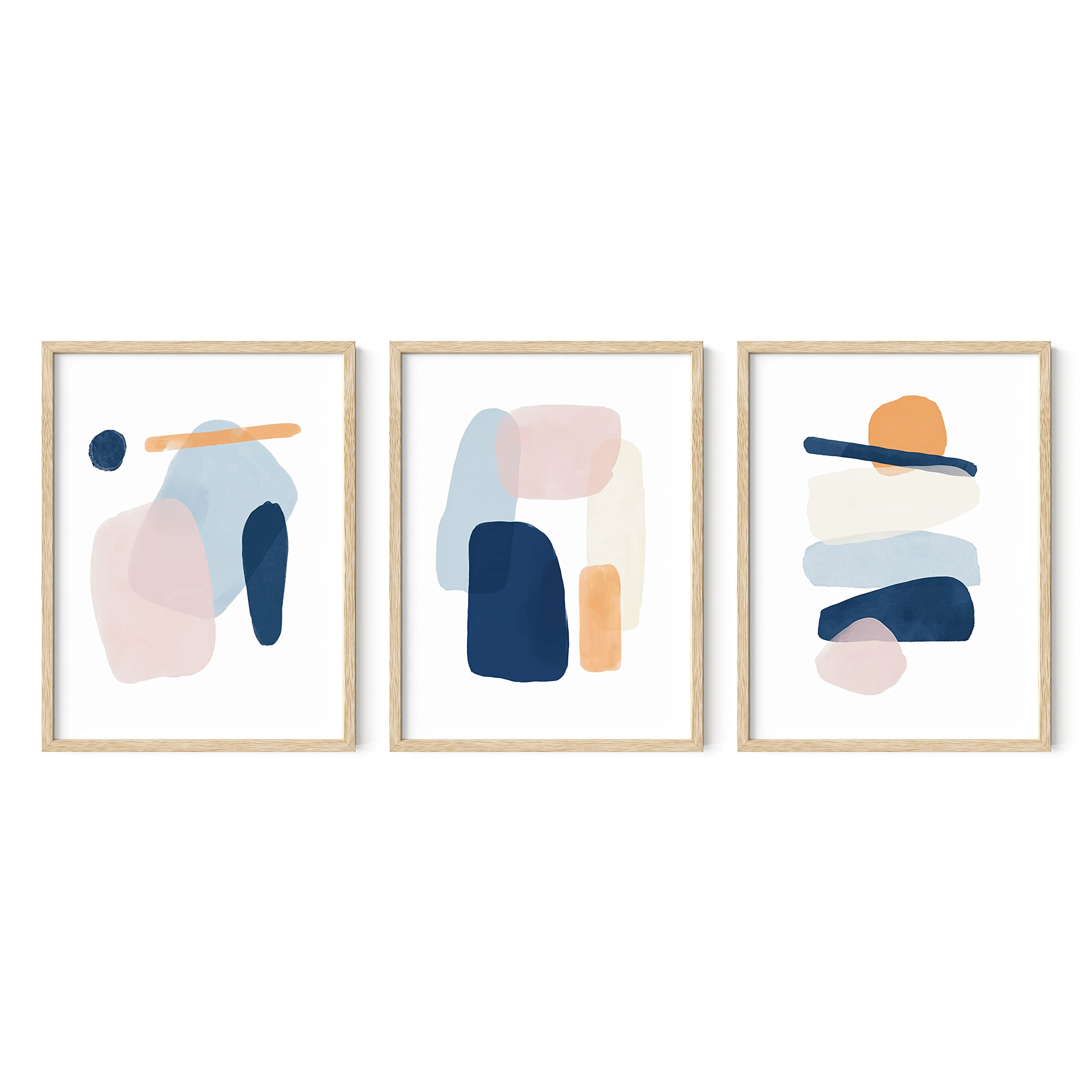 Set of 3 Painted Pastel Abstract Wall Art in Oak Frames