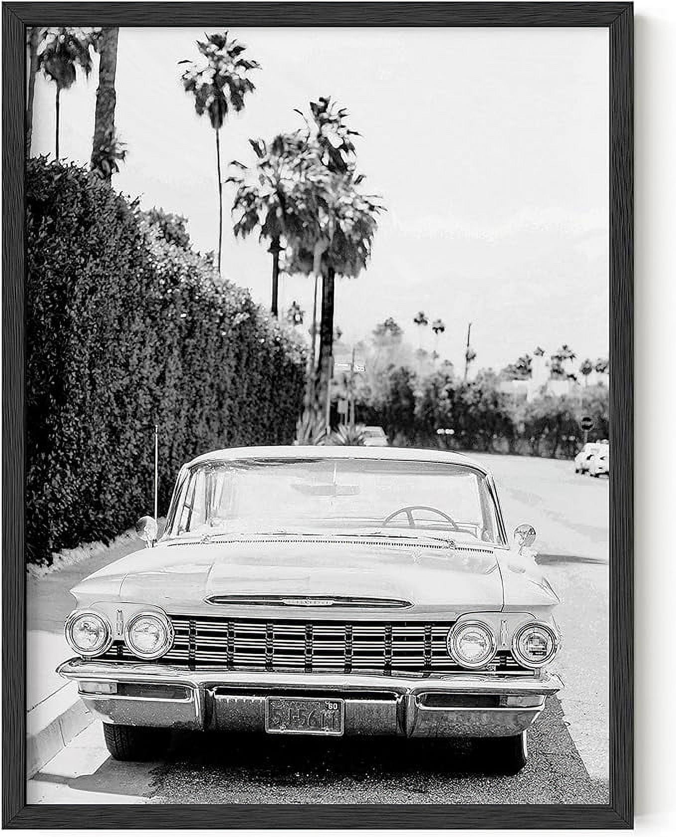 Vintage Black and White Framed Car Canvas Art
