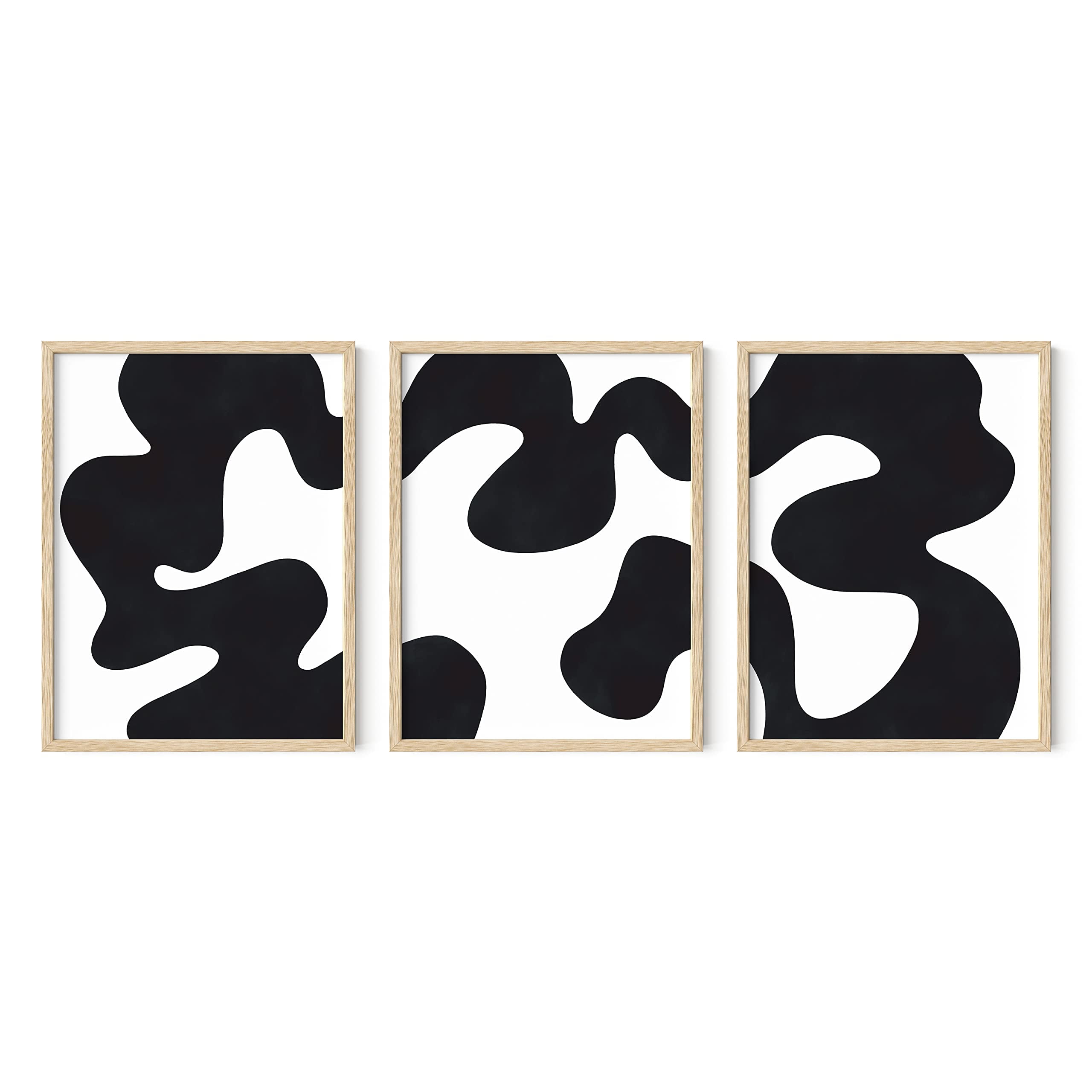 Set of 3 Black and White Abstract Art Prints with Beige Oak Frames