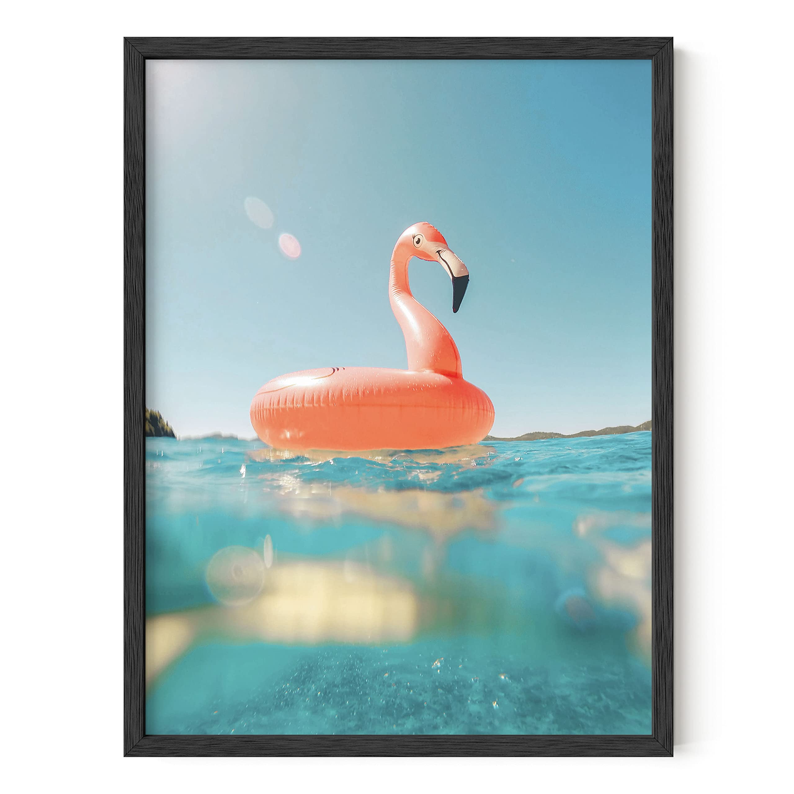 Peach Pink Flamingo Floater Beach Art Print in Black Frame