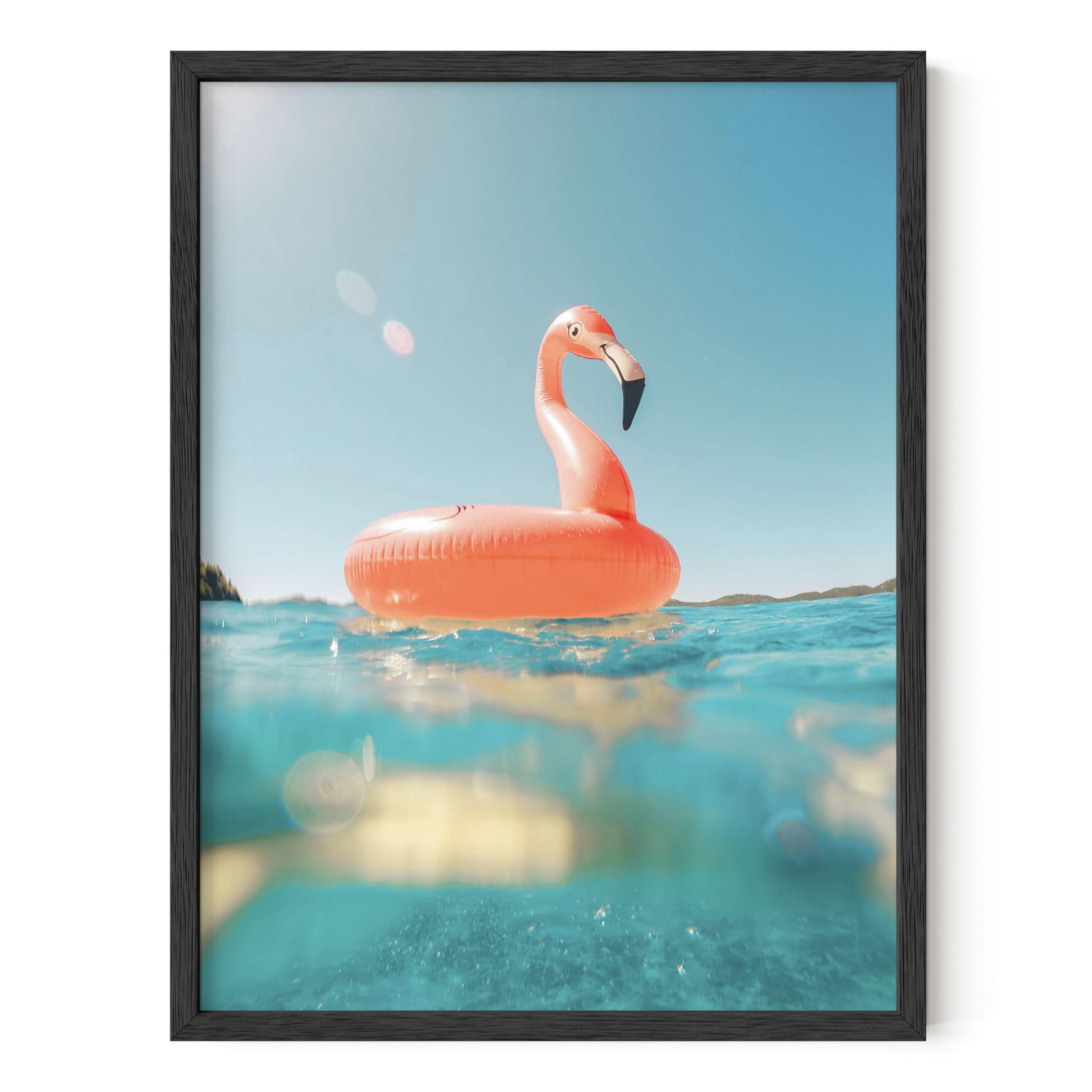Peach Pink Flamingo Floater Beach Art Print in Black Frame