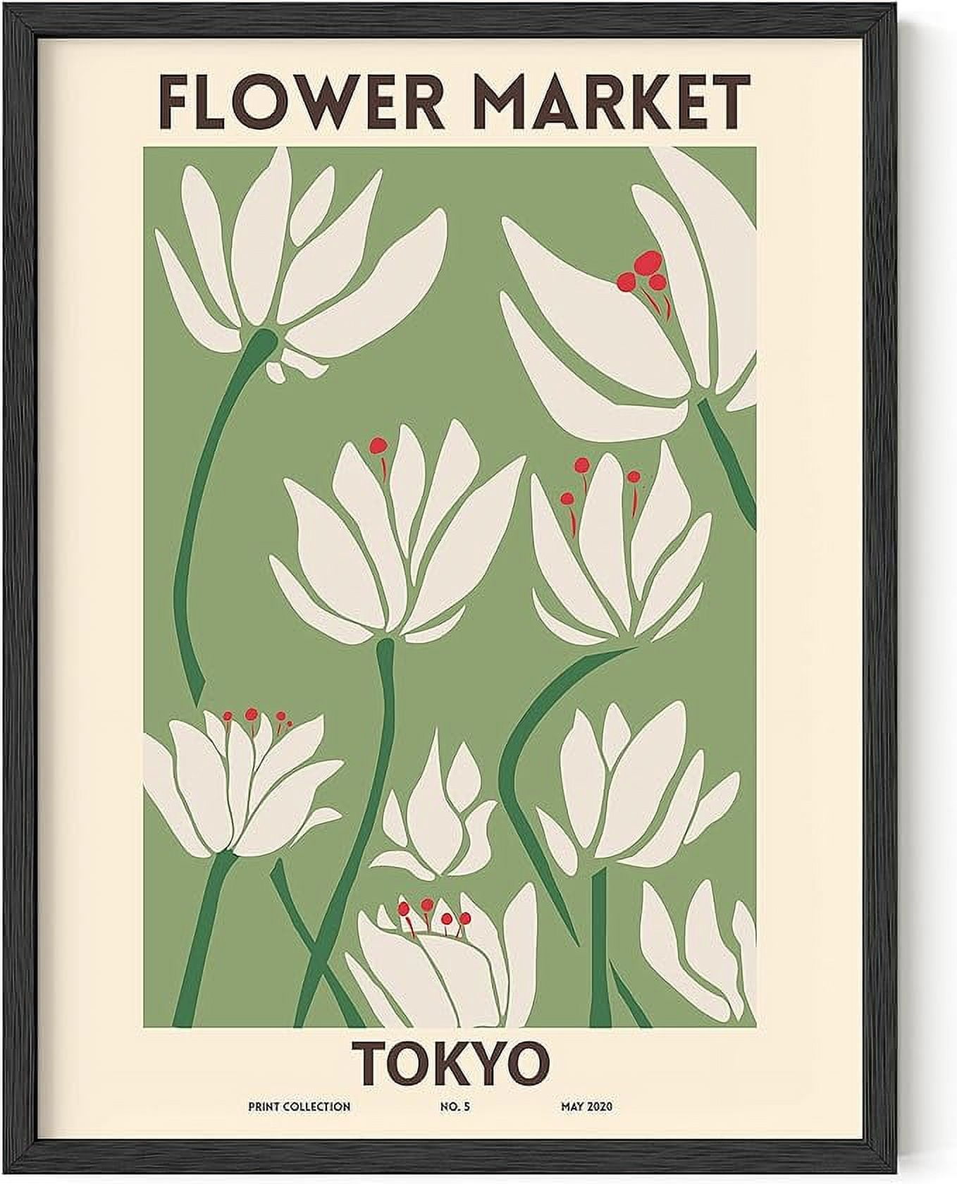 Black Framed Floral Print with Solid Oak Wood, 12x16