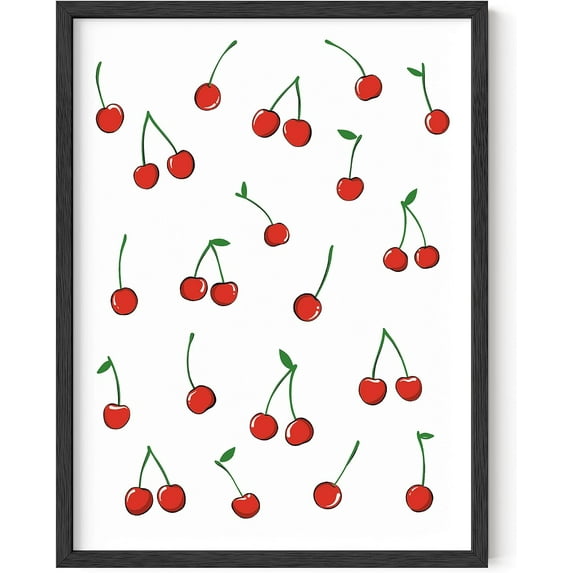 HAUS AND HUES Food Art Cherry Poster for Room - Red Wall Art Aesthetic Posters for Room, Bedroom Posters Aesthetic Wall Prints, Food Wall Art Framed Posters for Room Aesthetics (Framed Black 16x20)