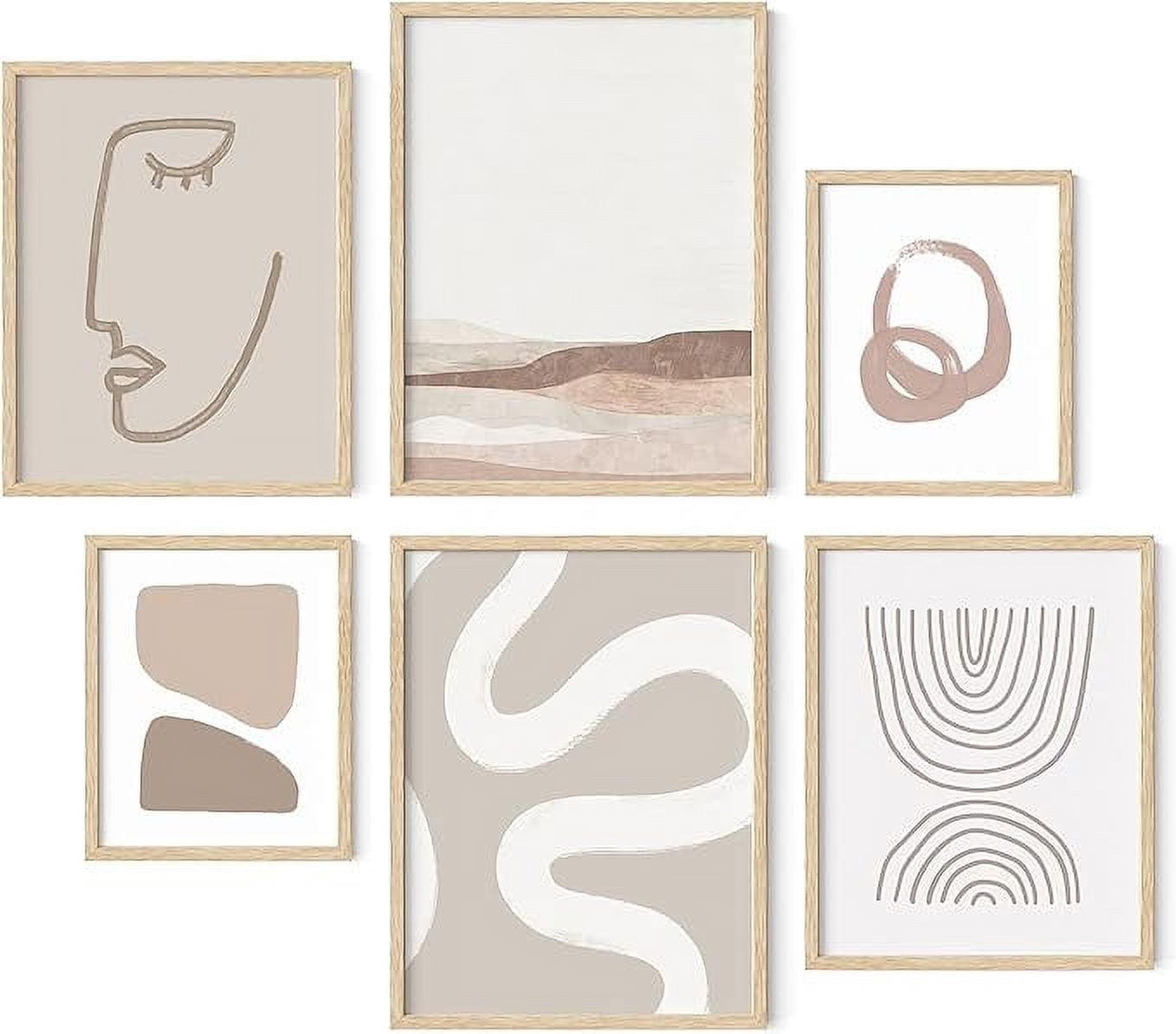 Beige and Cream Abstract Boho Art Set with Oak Frames