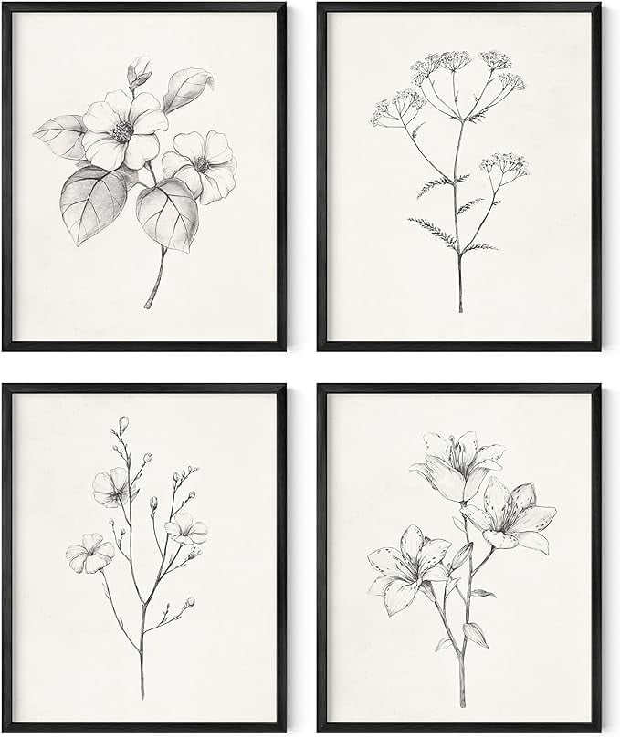 Set of 4 Black Framed Vintage Botanical Prints