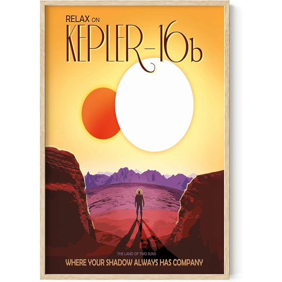 HAUS AND HUES Kepler 16b Space Posters for Room, Nasa JPL Posters Space Decor, Visions of the Future Poster Dorm Vintage Space Wall Art, Retro Futurism Art, Scifi Kepler (Framed Beige 24x36)