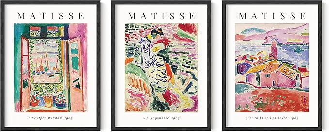 HAUS AND HUES Matisse - Set of 3 Artist Prints 3 Piece, Henri Matisse Wall Art Set of 3 Framed, Mattise Art (Black Framed, 12x16)