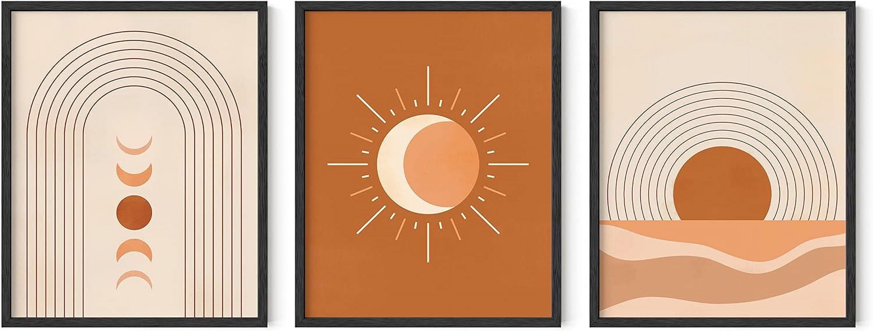 Mid Century Boho Sun and Moon Art Prints Set with Oak Frames