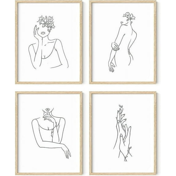 HAUS AND HUES Minimalist Line Art Wall Decor Set of 4 Minimalist Wall Art Female Poster | Line Drawing Wall Art Women Body | Line Drawing Print | Sketch Poster (11x14, Framed Beige)