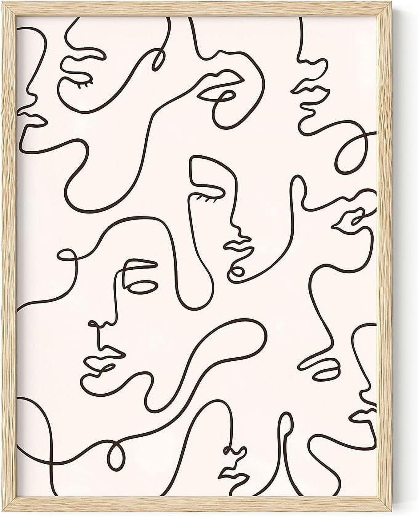 Beige and Black Abstract Line Art Poster with Oak Frame