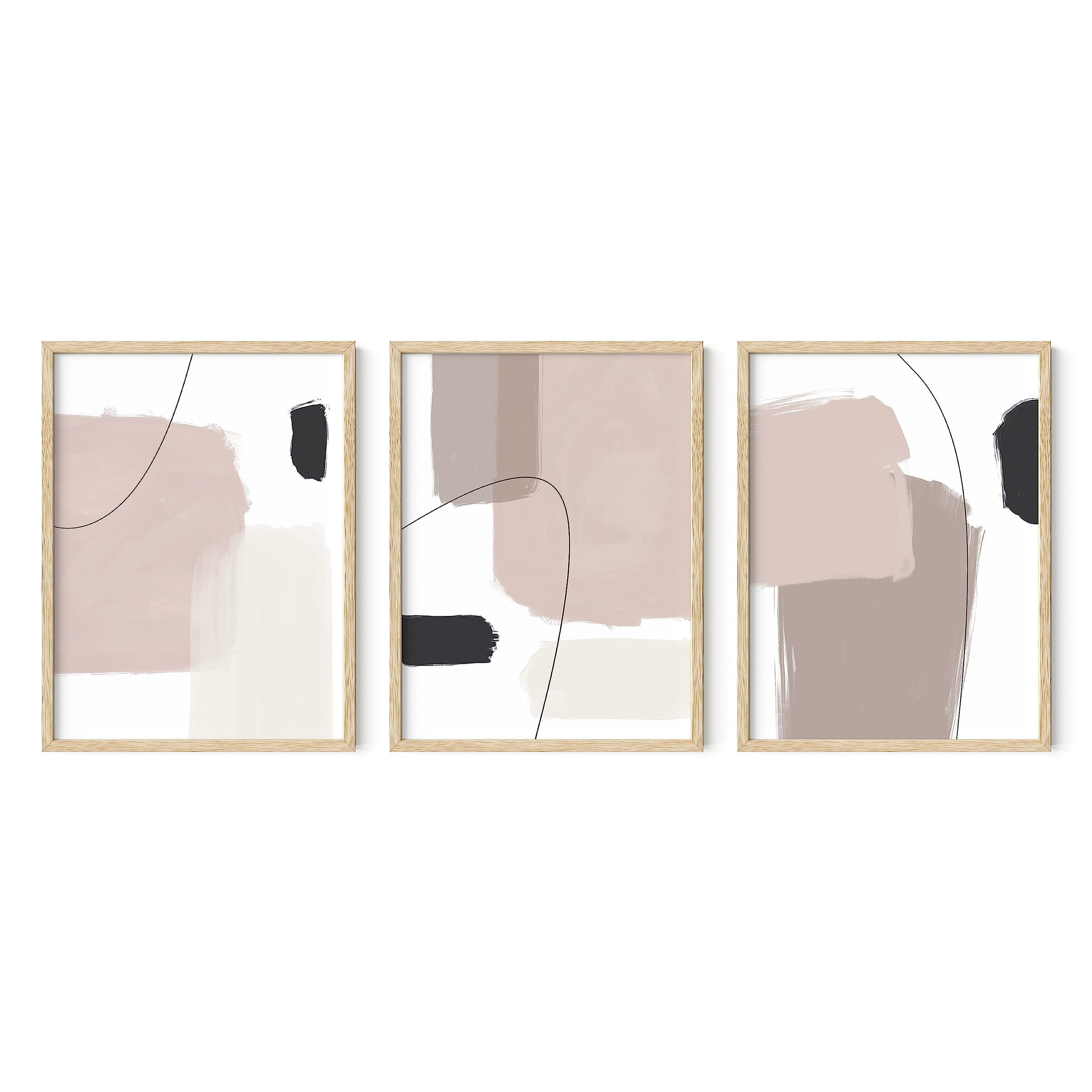 Beige and Black Abstract Minimalist Wall Art Set with Oak Frames