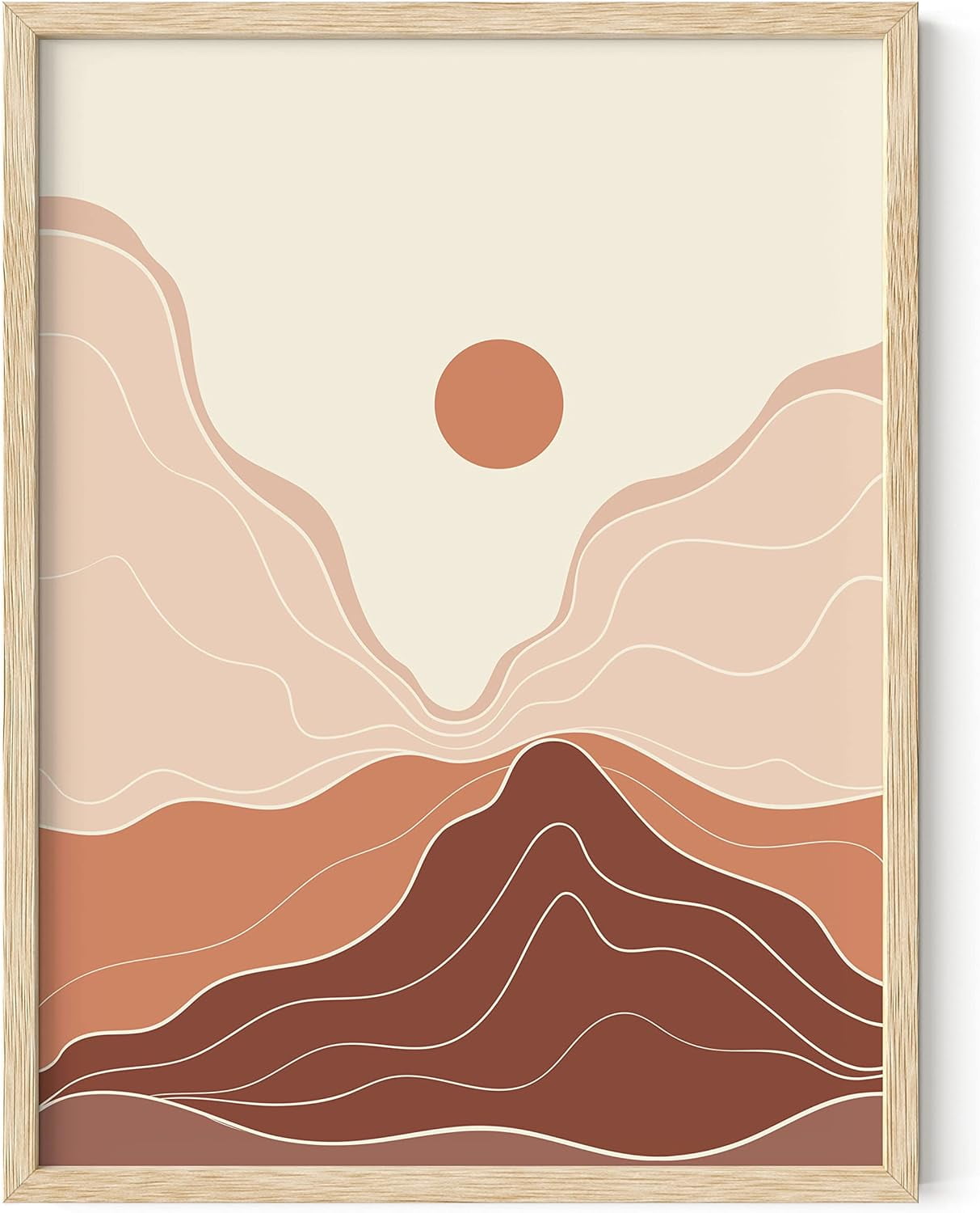 Beige Framed Abstract Mountain and Sun Wall Art, 12x16