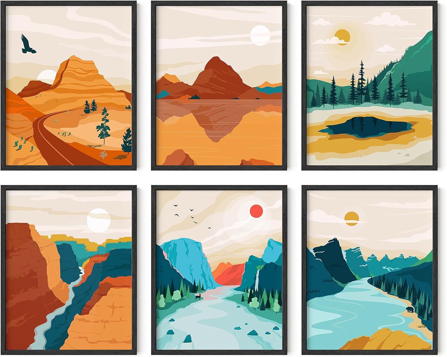 Set of 6 Abstract Landscape Nature Posters in Black Frames