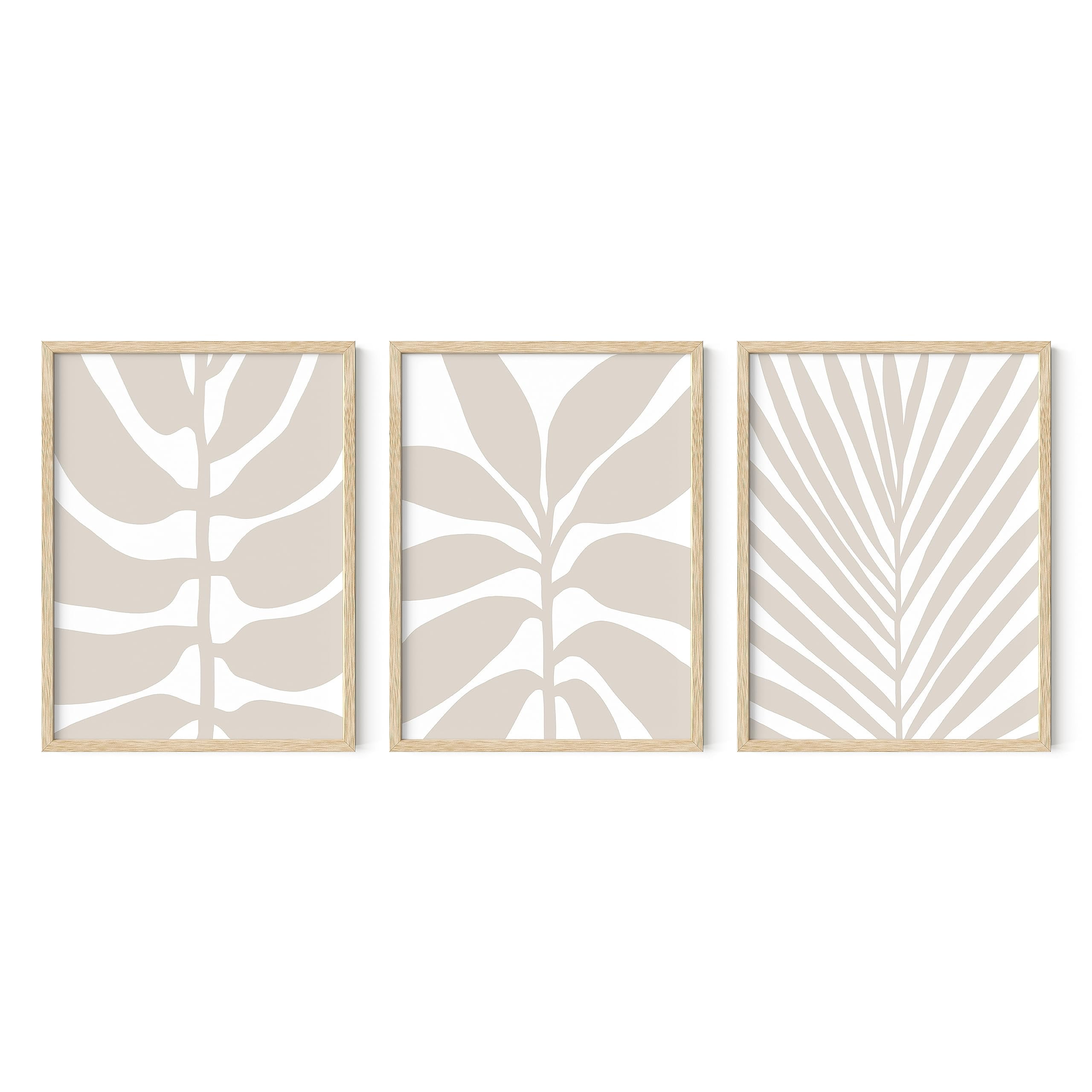 Set of 3 Beige Botanical Prints with Oak Frames