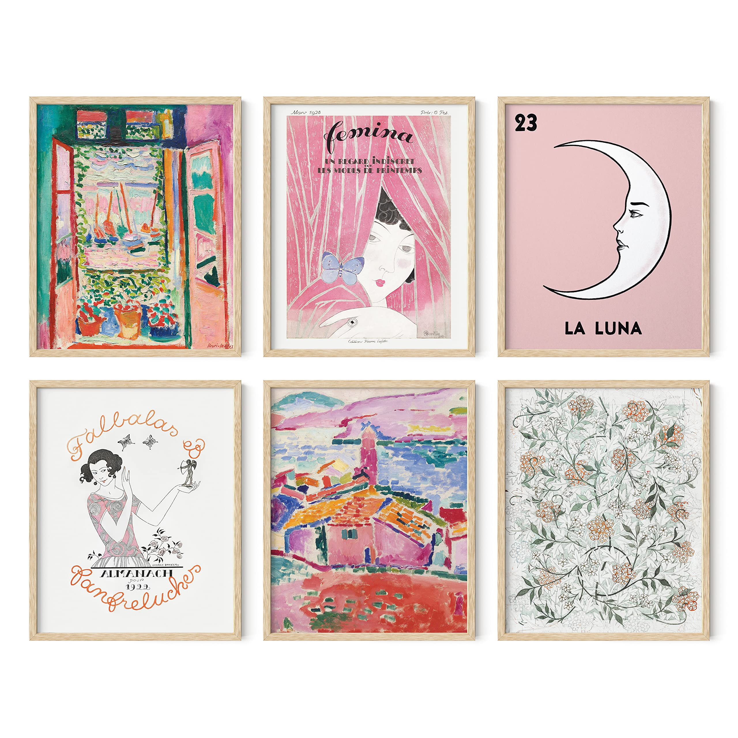 Vintage Pink and Beige Framed Art Set with Oak Wood