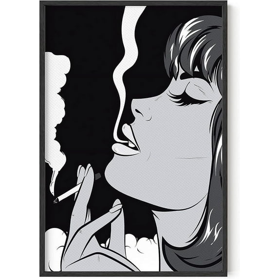 HAUS AND HUES Retro Posters of Woman Smoking Wall Art Black and White Posters for Room Aesthetic Vintage Smoking Posters and Trippy Wall Art Edgy Art Weed Posters for Bedroom (24” x 36” Framed Black)