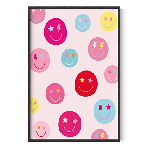 HAUS AND HUES Smiley Face Poster - Preppy Wall Art Pink Posters For Room Aesthetic Posters for Teen Girls Preppy Paintings Wall Posters Aesthetic Posters For Room Wall Art Pink (Framed Black 24”x36”)