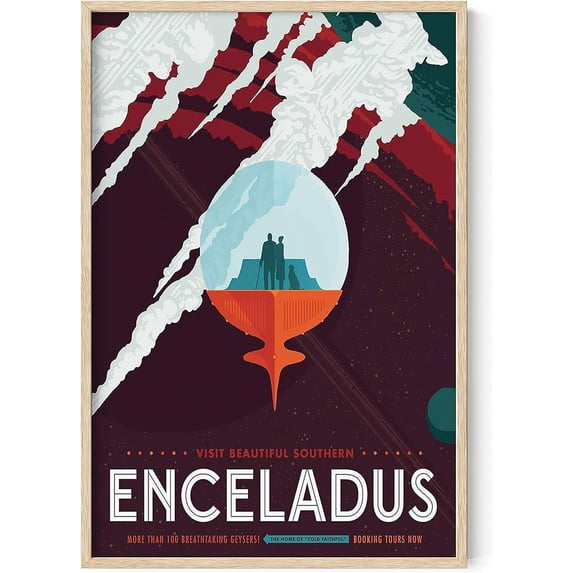 HAUS AND HUES Space Wall Art - Vintage Space Posters, NASA JPL Poster, Vintage NASA Posters for Walls, Exploration Wall Art, Visions of the Future Poster, Scifi Enceladus (Framed Beige 24x36)