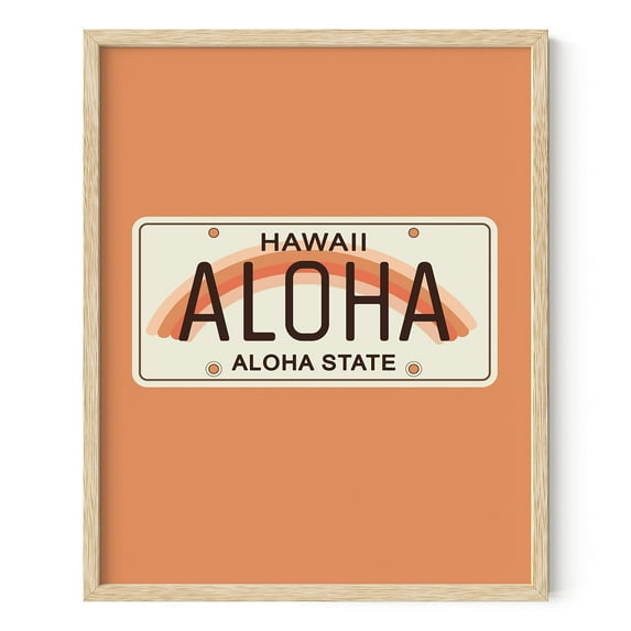 HAUS AND HUES Vintage Travel Posters Hawaii Surf Decor - Peach Wall Decor Aloha Signs for Home Decor Vintage Hawaii Art Travel Poster Hawaii Surfer Room Decor License Plate (16" x 20" Framed Beige)