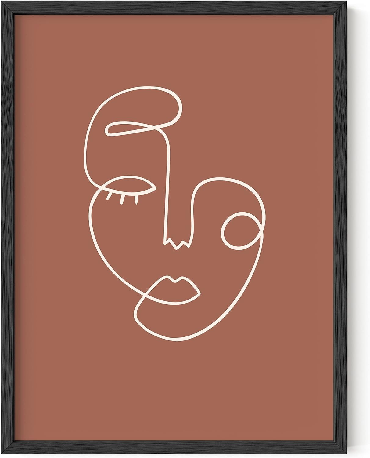 Clay Abstract Face Line Drawing Wall Art in Natural Frame