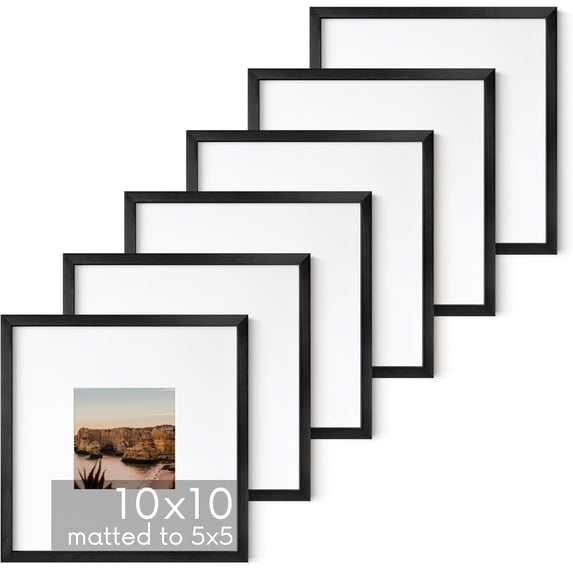 HAUS AND HUES 10x10 Black Metal Picture Frames Matted to 5x5 - Features Premium Aluminum & Hanging Hardware, Shatterproof Plexiglass - Ideal for Home, Room, Office (10x10 in, Black, Set of 6)