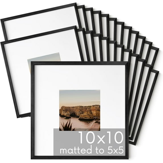 HAUS AND HUES 10x10 Black Metal Picture Frames Matted to 5x5 - Features Premium Aluminum & Hanging Hardware, Shatterproof Plexiglass - Ideal for Home, Room, Office (10x10 in, Black, Set of 25)